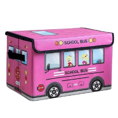 Bau Caixa Infantil Multifuncional Dobravel Com Tampa Organizador De Quarto Puff Porta Brinquedos Onibus Rosa
