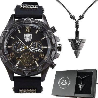 Relogio Masculino Pantera Preto Aço Inox + Corrente Cordão Analogico Presente Casual Original Social