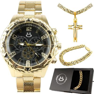 Relogio Masculino Banhado Aço + Cordão + Caixa Analogico Presente Grande Casual Preto Original