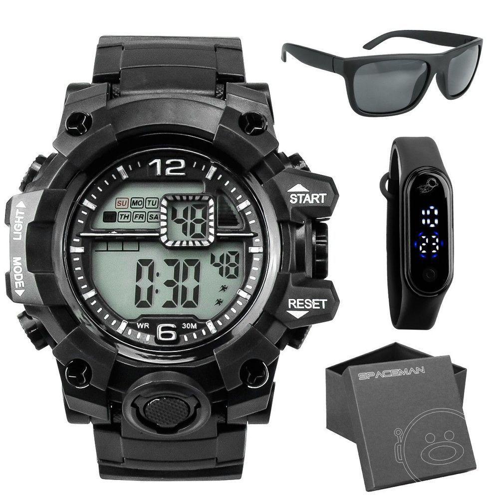 Oculos De Sol Protecao Uv + Relogio Masculino Preto + Caixa Esportivo Alarme Casual Grande Robusto - 1