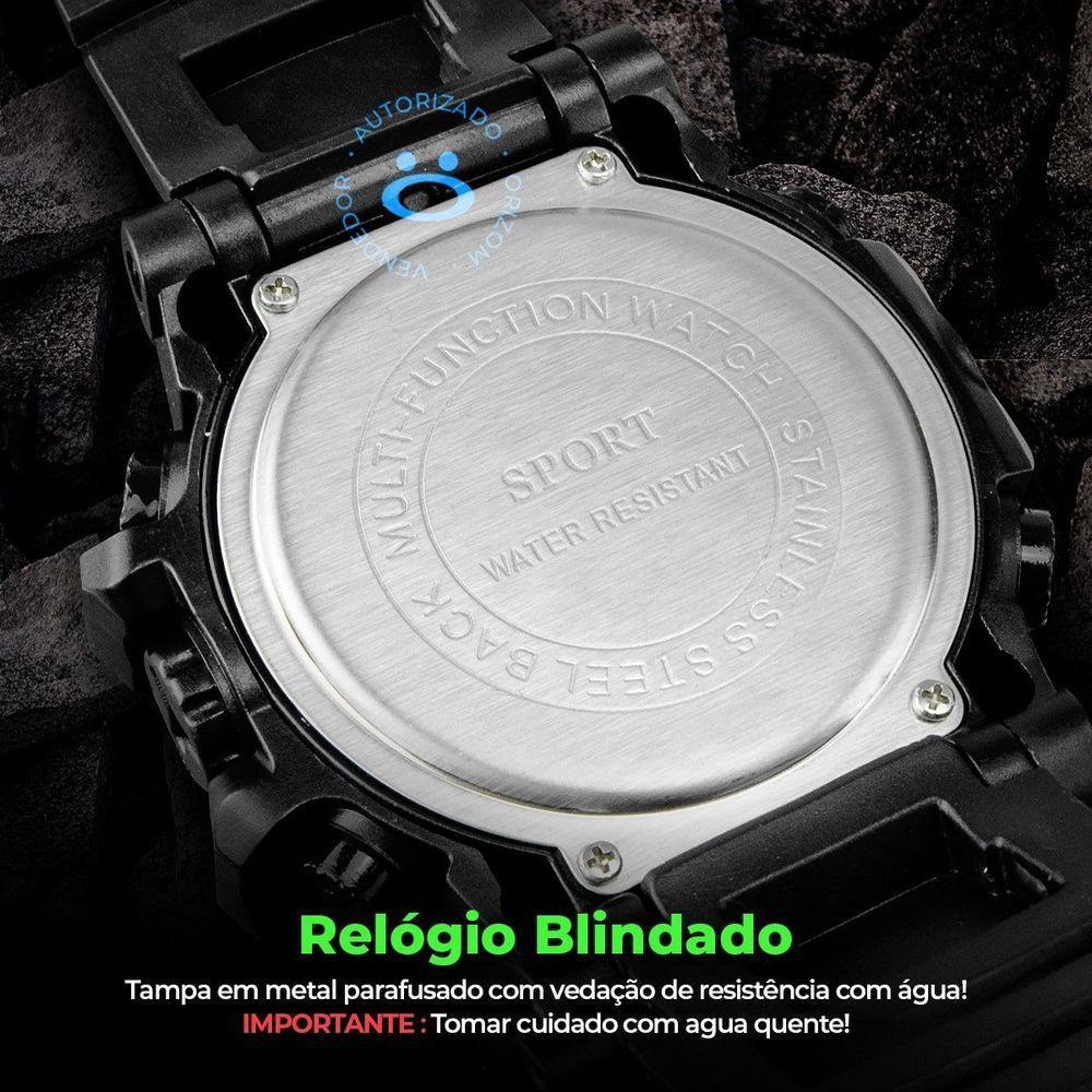 Oculos De Sol Protecao Uv + Relogio Masculino Preto + Caixa Esportivo Alarme Casual Grande Robusto - 7