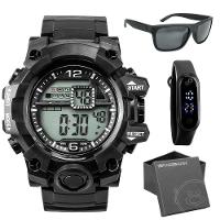 Oculos De Sol Protecao Uv + Relogio Masculino Preto + Caixa Esportivo Alarme Casual Grande Robusto - 1