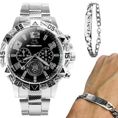 Relogio Masculino Aço Inoxidavel Prata + Pulseira Pai Nosso Presente Analogico Casual Original