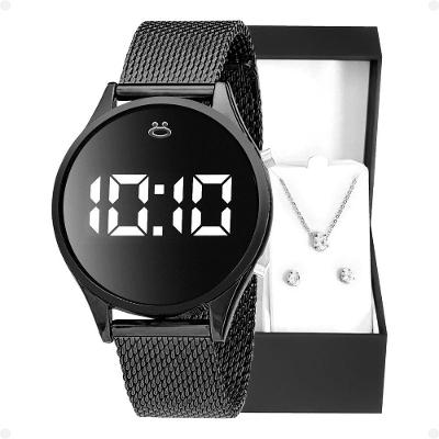 Relogio Feminino Digital Led Aço + Colar + Brincos + Caixa Academia Black Piano Silicone Moda Led