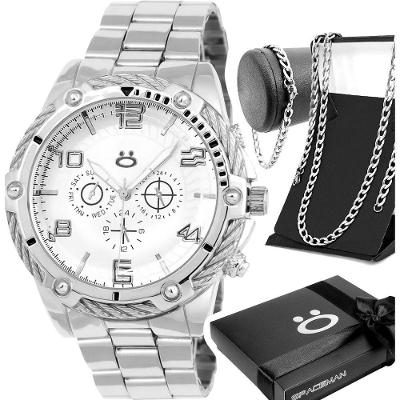 Relogio Masculino Prateado + Grumet Cordao Robusto Masculino Pesado Presente Original Casual Social