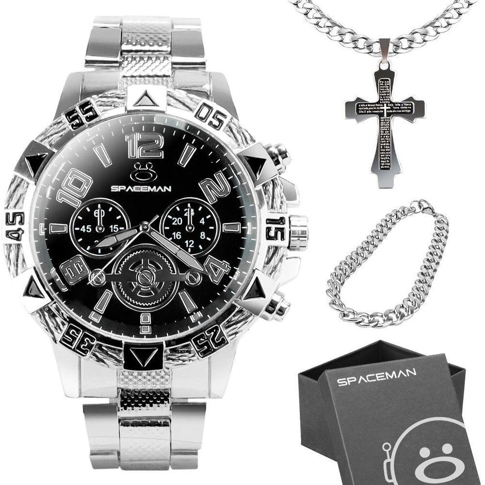 Relogio Masculino Aço Inox Prata + Caixa + Pulseira Analogico Social Presente Original Casual Preto - 1