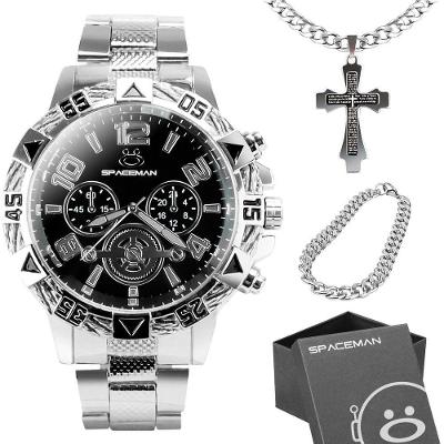 Relogio Masculino Aço Inox Prata + Caixa + Pulseira Analogico Social Presente Original Casual Preto