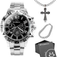 Relogio Masculino Aço Inox Prata + Caixa + Pulseira Analogico Social Presente Original Casual Preto - 1
