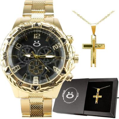 Relogio Masculino Banhado Ouro Aço Inox + Caixa + Cordao Presente Qualidade Premium Social Casual