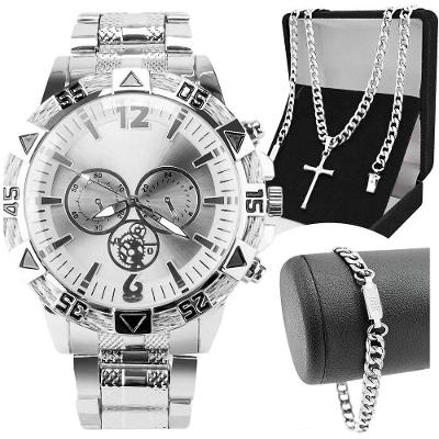 Relogio Masculino Aço Prova Dagua + Pulseira + Cordão Cruz Inoxidável Casual Qualidade Premium Prata
