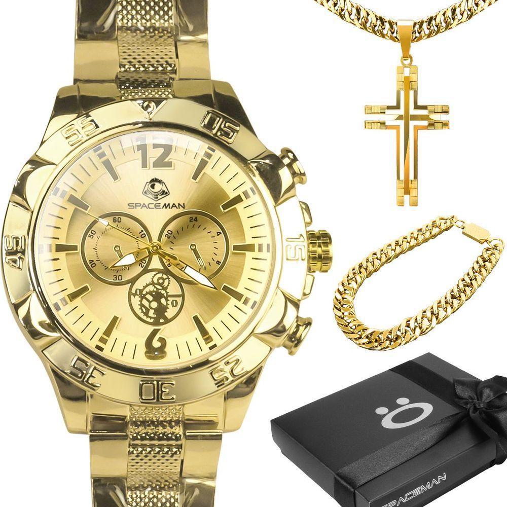 Título 24: Relogio Masculino Aço Inox Banhado + Corrente + Pulseira Analogico Social Original Casual - 1