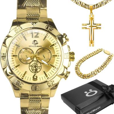 Título 24: Relogio Masculino Aço Inox Banhado + Corrente + Pulseira Analogico Social Original Casual