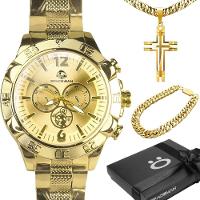 Título 24: Relogio Masculino Aço Inox Banhado + Corrente + Pulseira Analogico Social Original Casual - 1