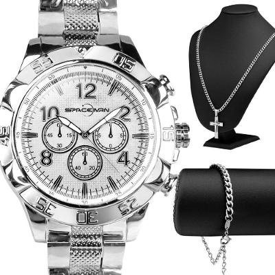 Relogio Masculino Aço + Pulseira + Cordão Social Religioso Ajustavel Presente Catolico Original