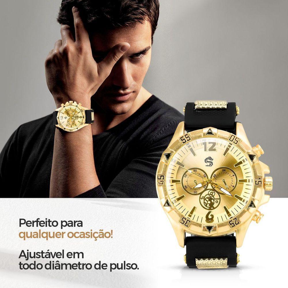 Relogio Masculino Aço Inox Ouro + Pulseira Analogico Presente Social Casual Dourado Ajustavel - 3