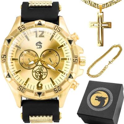 Relogio Masculino Aço Inox Ouro + Pulseira Analogico Presente Social Casual Dourado Ajustavel