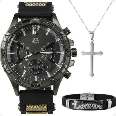 Relogio Masculino Preto Aço + Colar Crucifixo + Pulseira Social Prata Ponteiro Oração Pai Nosso