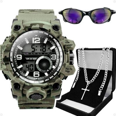 Relogio Masculino Prova Dagua Digital + Oculos Sol + Cordão Prata Proteção Uv Crucifixo Ajustavel