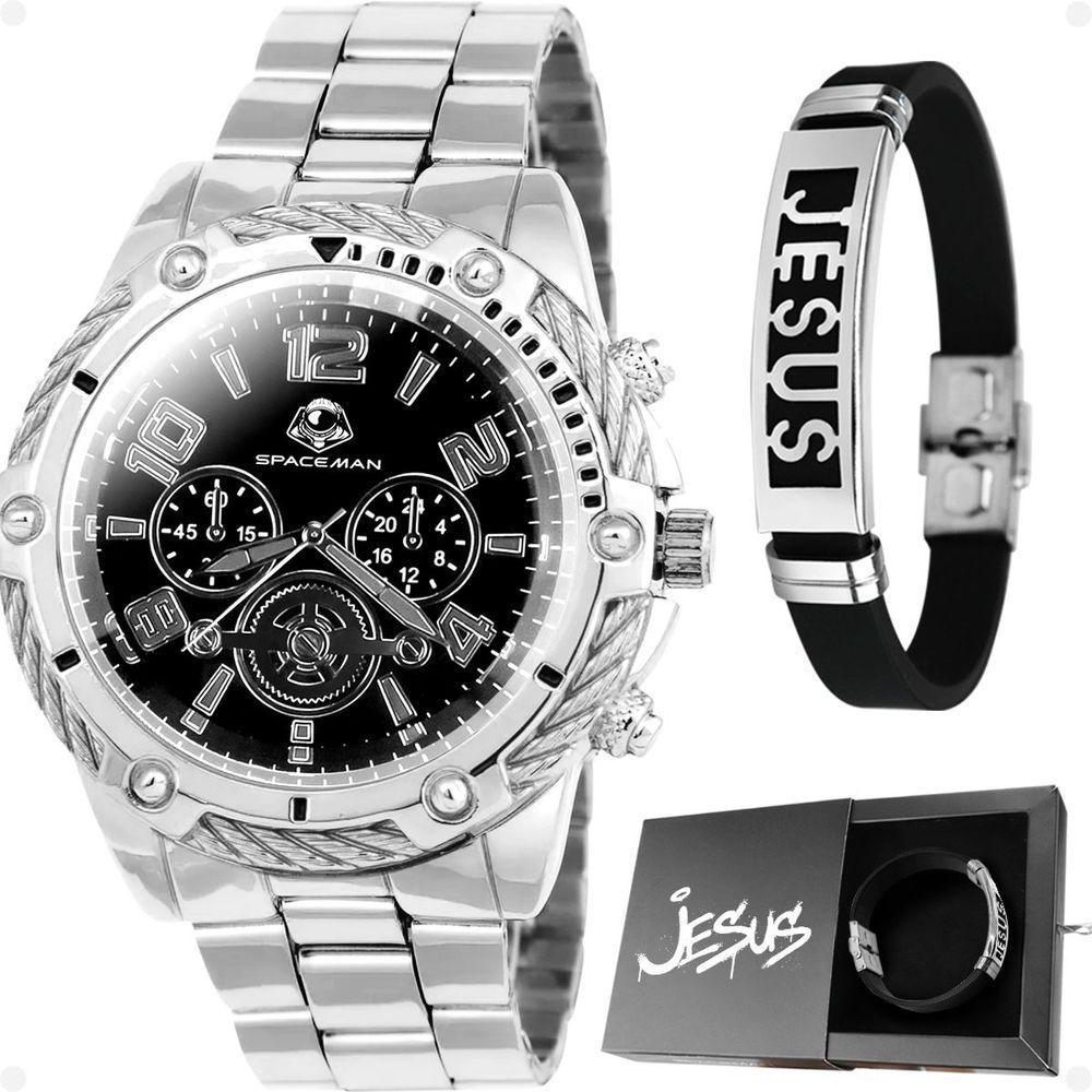 Relógio Masculino Prata Aço Inox + Pulseira Pai Nosso Casual Social Robusto Analogico Original - 1