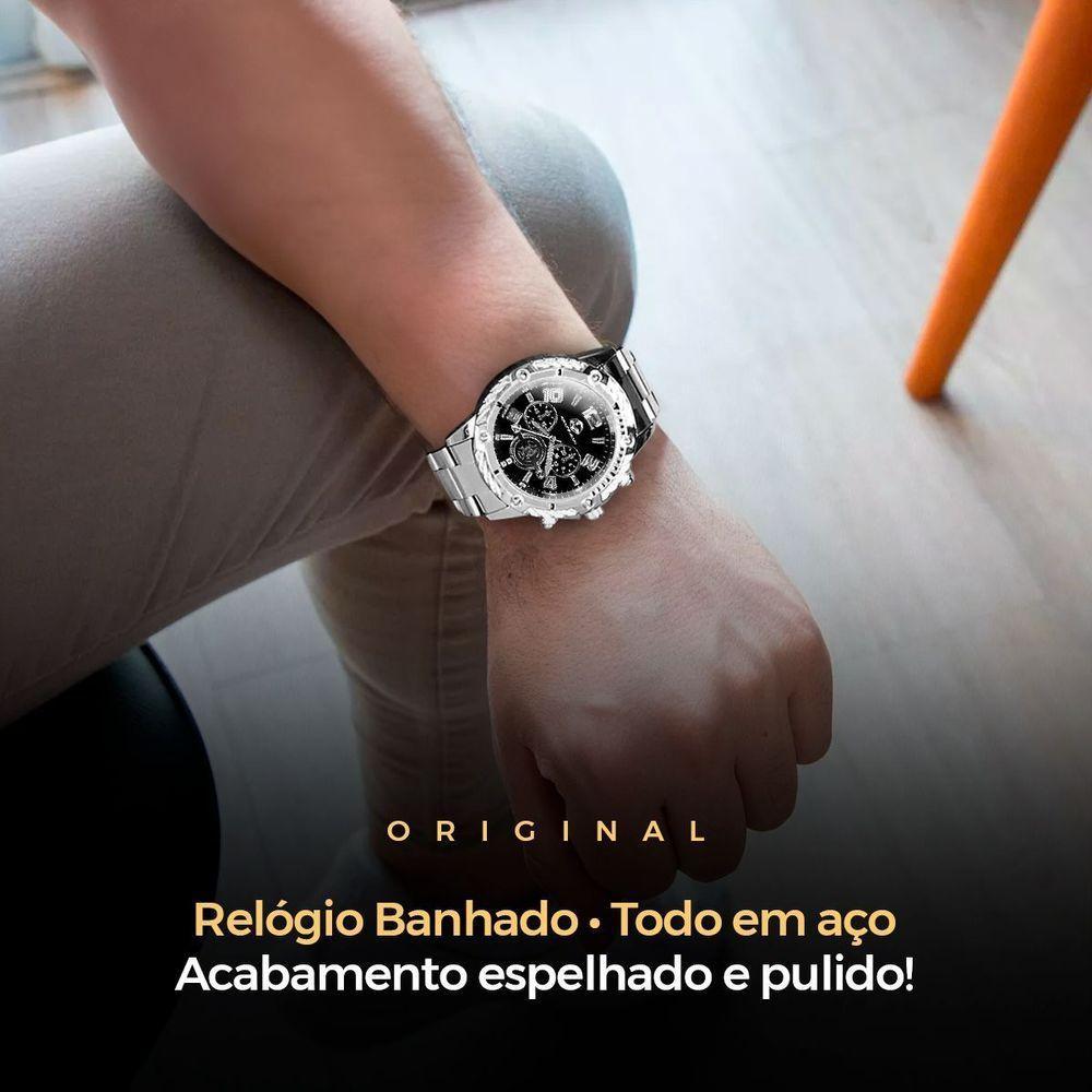 Relógio Masculino Prata Aço Inox + Pulseira Pai Nosso Casual Social Robusto Analogico Original - 4