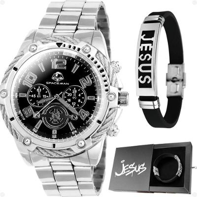 Relógio Masculino Prata Aço Inox + Pulseira Pai Nosso Casual Social Robusto Analogico Original