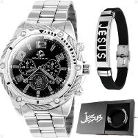 Relógio Masculino Prata Aço Inox + Pulseira Pai Nosso Casual Social Robusto Analogico Original - 1