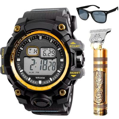 Relogio Masculino Digital + Oculos Sol + Maquina Cortar Cabelo Esportivo Dourado Robusto Preto