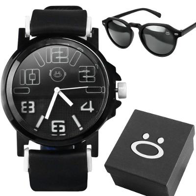 Relogio Masculino Aço Inoxidável Preto + Oculos Sol + Caixa Preto Pesado Silicone Presente Ponteiro