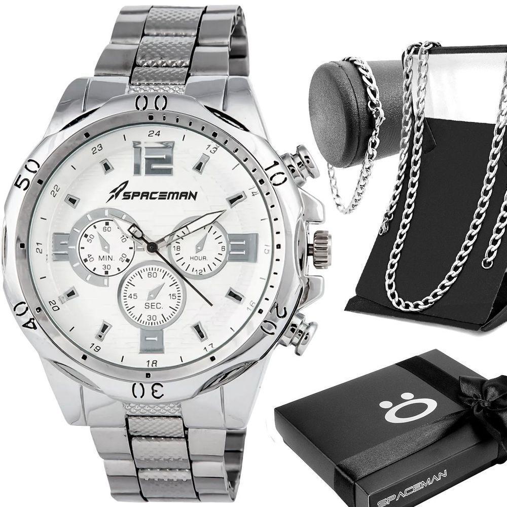 Relogio Masculino Inox Aço Prata + Cordao + Pulseira Grumet Pesado Presente Prateado Ponteiro Social - 1