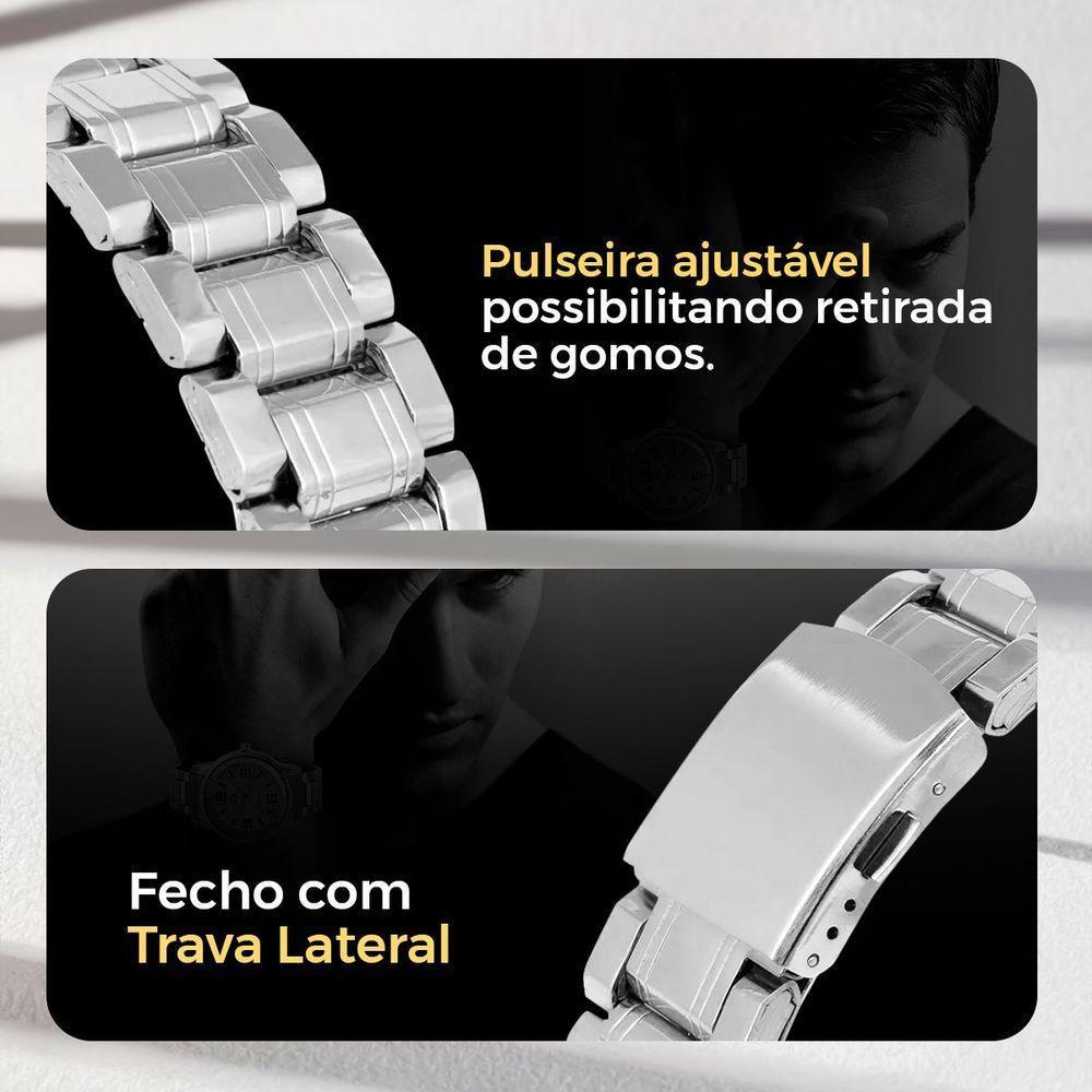Relogio Masculino Inox Aço Prata + Cordao + Pulseira Grumet Pesado Presente Prateado Ponteiro Social - 7