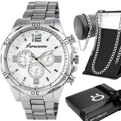 Relogio Masculino Inox Aço Prata + Cordao + Pulseira Grumet Pesado Presente Prateado Ponteiro Social