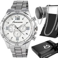 Relogio Masculino Inox Aço Prata + Cordao + Pulseira Grumet Pesado Presente Prateado Ponteiro Social - 1