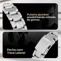 Relogio Masculino Inox Aço Prata + Cordao + Pulseira Grumet Pesado Presente Prateado Ponteiro Social - 7
