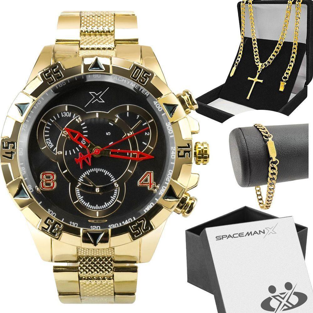 Relogio Masculino Aço Dourado + Caixa + Pulseira Grande Mostrador Preto Religioso Original Ponteiro - 1
