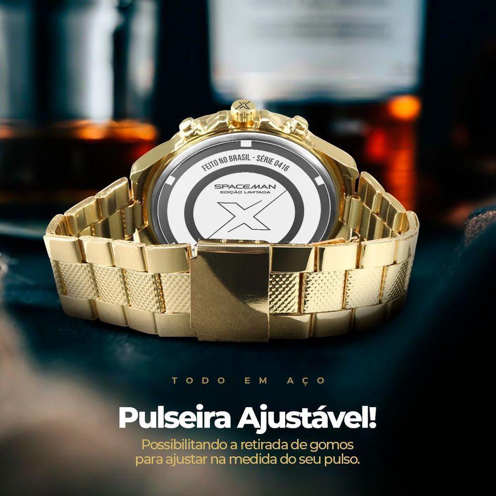 Relogio Masculino Aço Dourado + Caixa + Pulseira Grande Mostrador Preto Religioso Original Ponteiro - 9