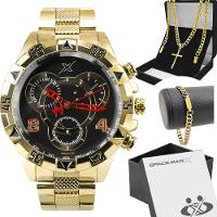 Relogio Masculino Aço Dourado + Caixa + Pulseira Grande Mostrador Preto Religioso Original Ponteiro - 1