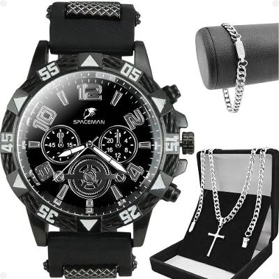 Relogio Masculino Aço Inox + Corrente Cruz + Pulseira Qualidade Premium Pesado Religioso Robusto