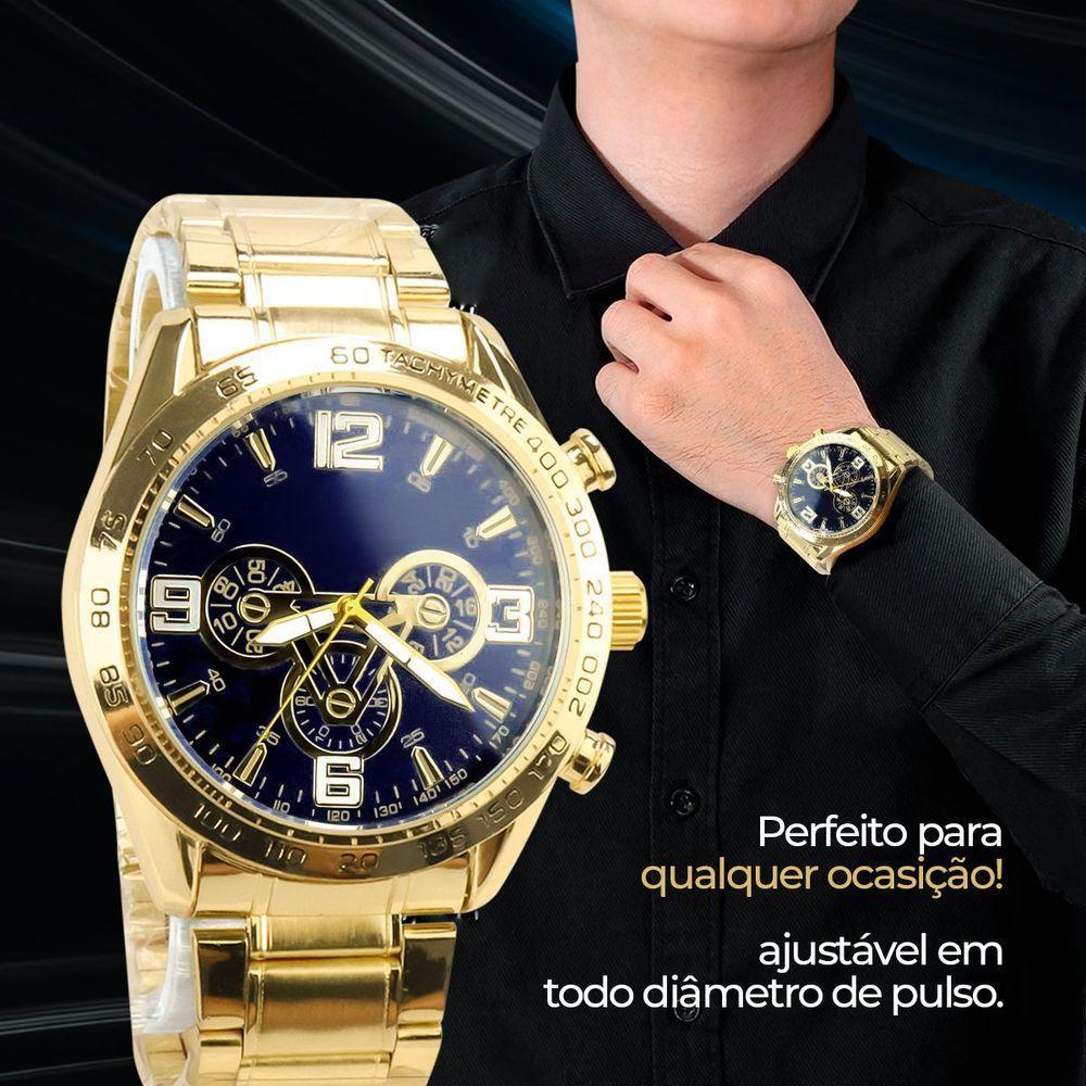 Relogio Masculino Aço Banhado Ouro + Pulseira + Crucifixo Azul Robusto Grande Resistente Original - 2
