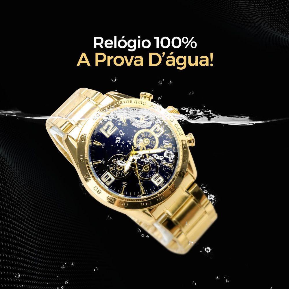 Relogio Masculino Aço Banhado Ouro + Pulseira + Crucifixo Azul Robusto Grande Resistente Original - 4
