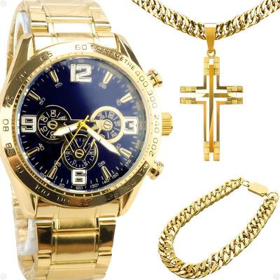 Relogio Masculino Aço Banhado Ouro + Pulseira + Crucifixo Azul Robusto Grande Resistente Original