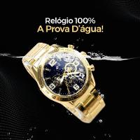 Relogio Masculino Aço Banhado Ouro + Pulseira + Crucifixo Azul Robusto Grande Resistente Original