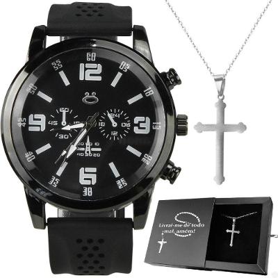 Relogio Masculino Aço Preto Inoxidável Presente Prata Religioso Oração Pai Nosso Ajustavel Pesado