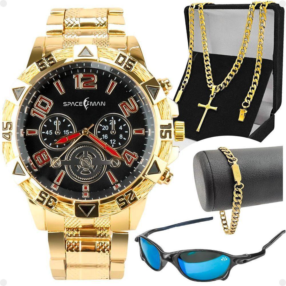 Relogio Masculino Dourado + Pulseira + Oculos Sol + Cordão Presente Aço Inoxidável Casual Social - 1