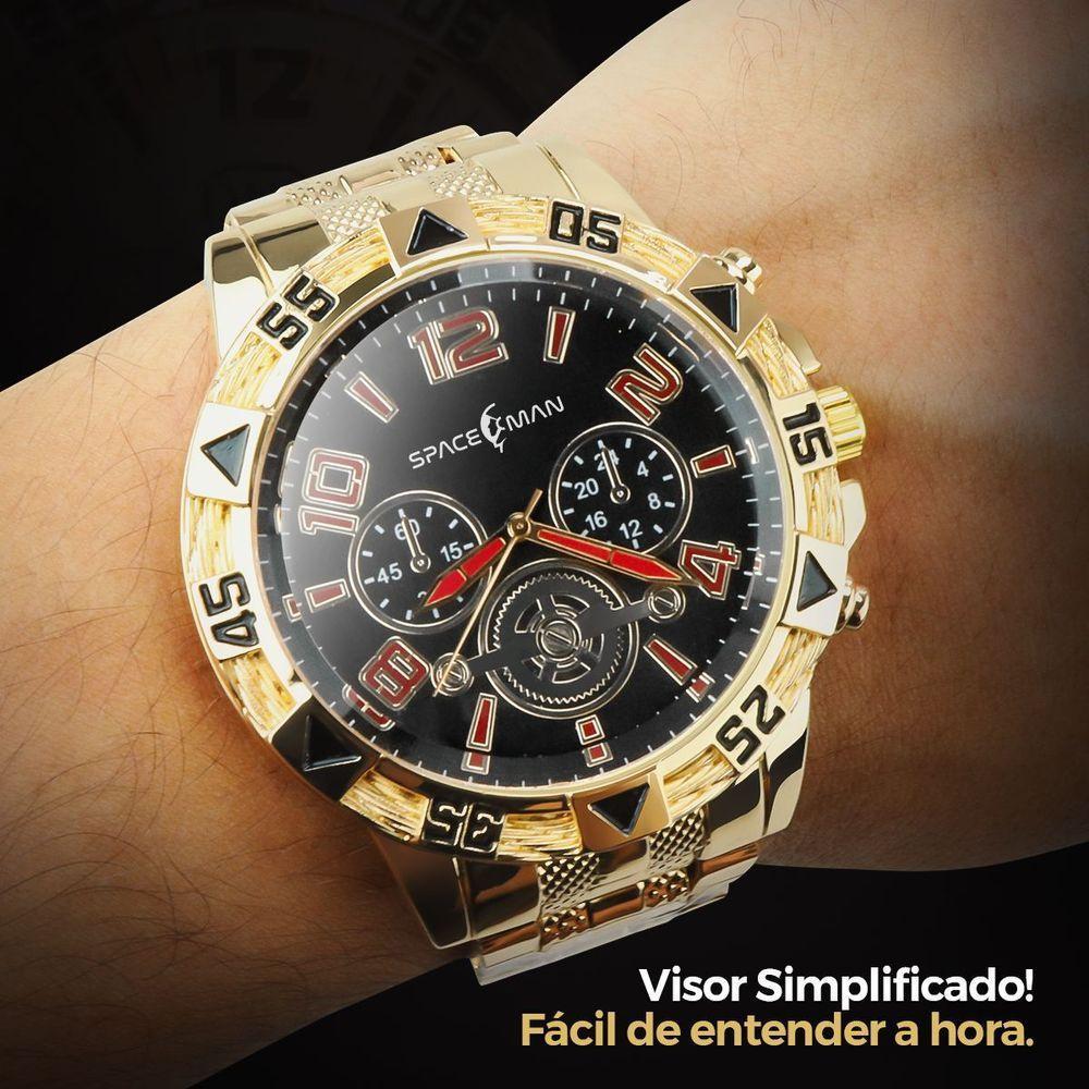 Relogio Masculino Dourado + Pulseira + Oculos Sol + Cordão Presente Aço Inoxidável Casual Social - 2