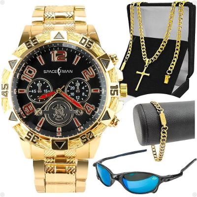 Relogio Masculino Dourado + Pulseira + Oculos Sol + Cordão Presente Aço Inoxidável Casual Social
