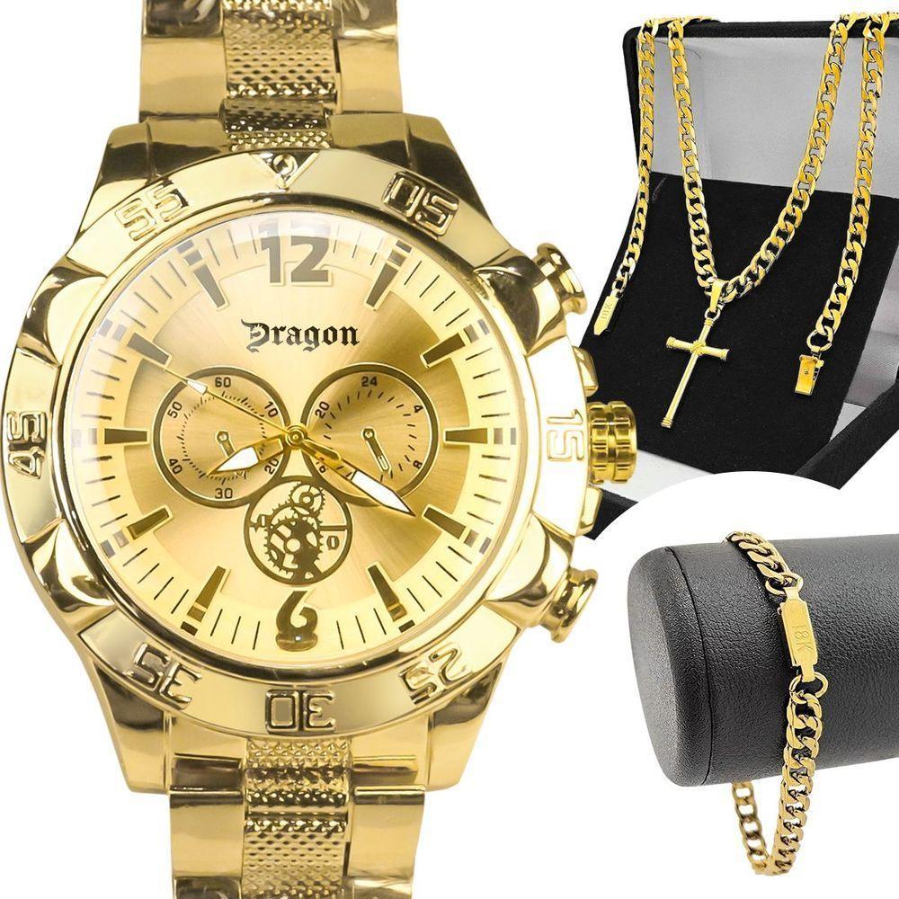 Relogio Masculino Banhado Ouro Aço + Crucifixo + Pulseira Grande Original Presente Casual Pesado - 1
