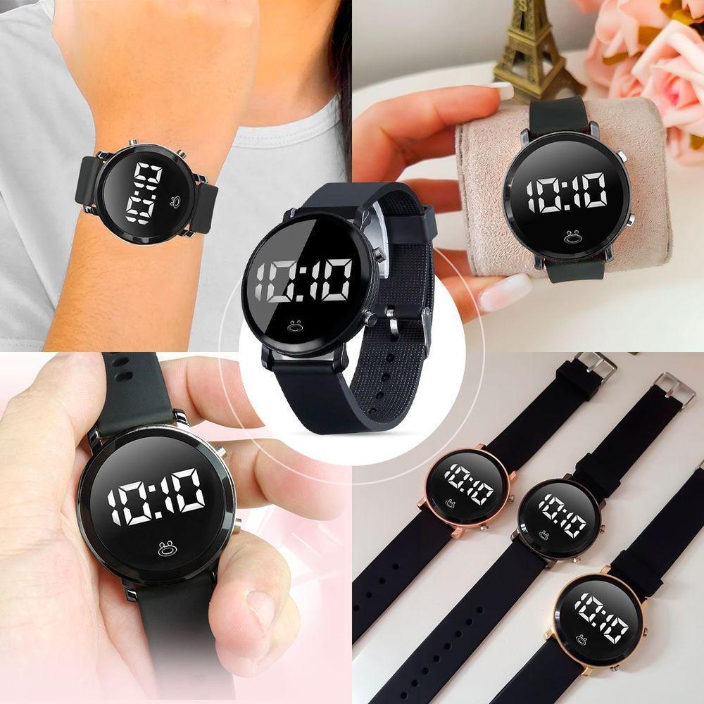 Relogio Digital Feminino Preto Qualidade Premium Social Preto Redondo Silicone Pulseira Ajustável - 2