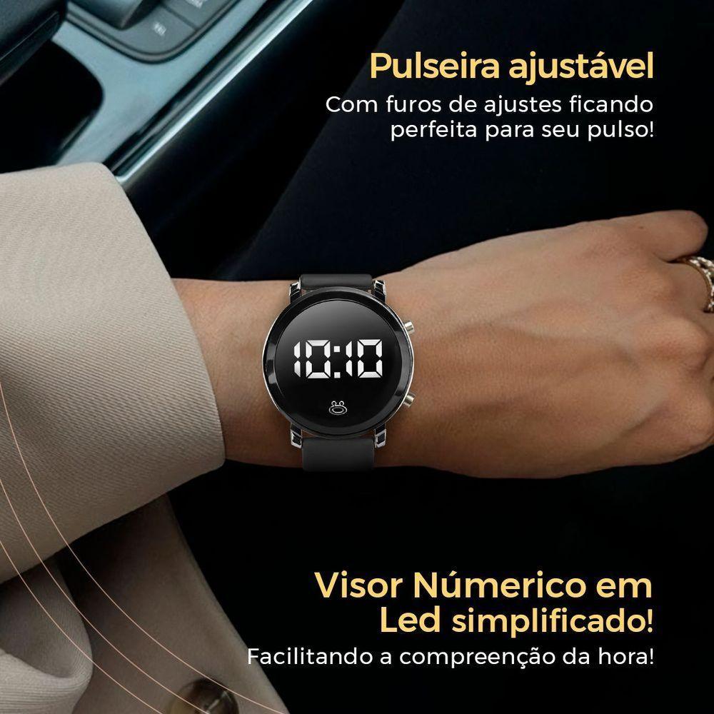 Relogio Digital Feminino Preto Qualidade Premium Social Preto Redondo Silicone Pulseira Ajustável - 5