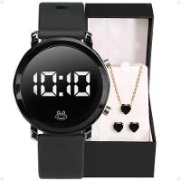 Relogio Digital Feminino Preto Qualidade Premium Social Preto Redondo Silicone Pulseira Ajustável - 1