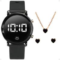 Relogio Digital Feminino Preto Qualidade Premium Social Preto Redondo Silicone Pulseira Ajustável - 7